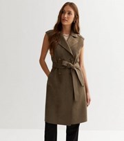 New Look Khaki Suedette Double Breasted Sleeveless Long Jacket